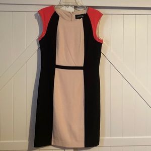 Tan, Black, and Coral cap sleeve Fitted Dress